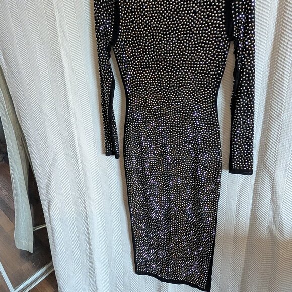 Banjul Black Rhinestone Beaded Long Sleeve Bedazzled Bodycon Midi Dress Medium - Picture 10 of 16
